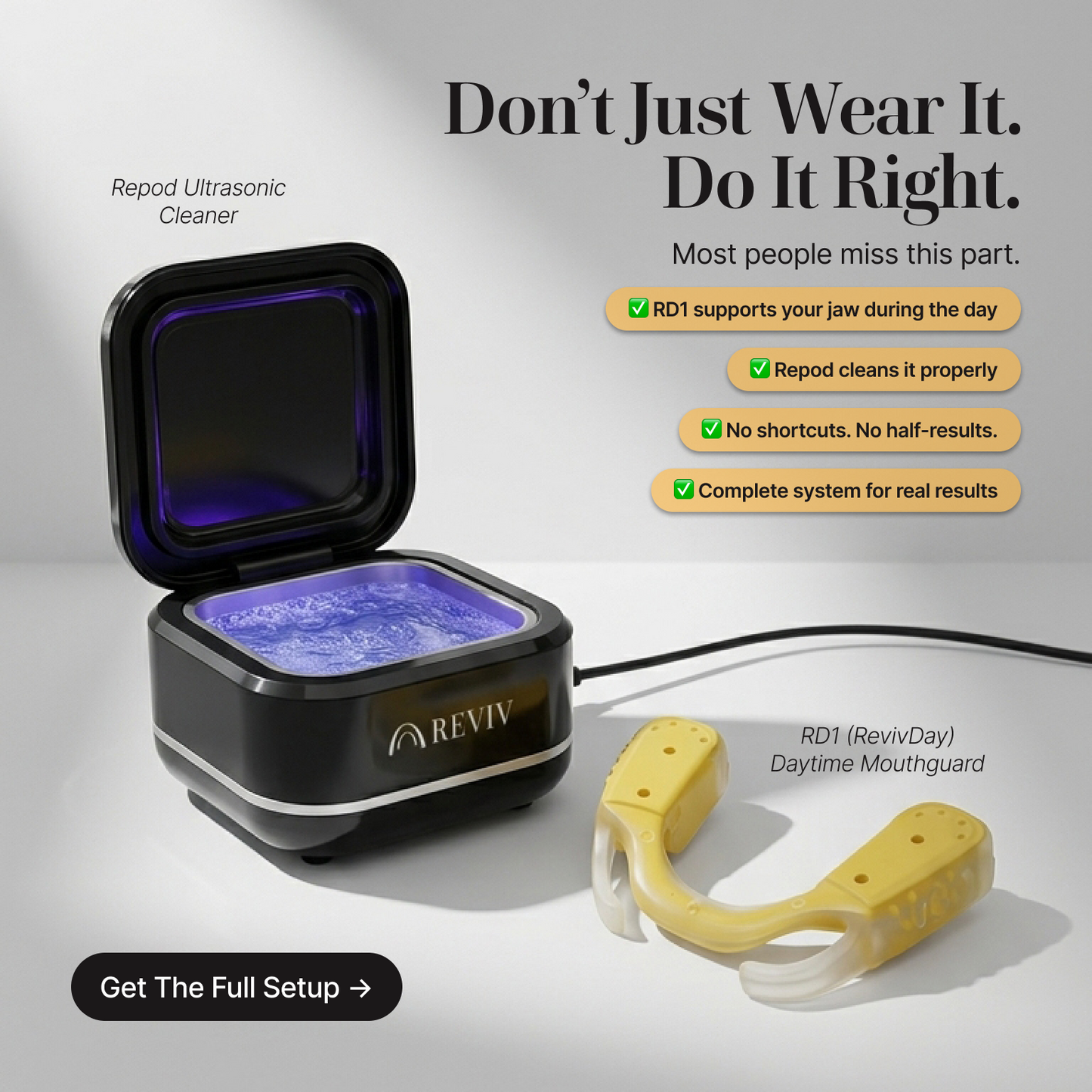Reviv RD1 daytime mouthguard and Repod ultrasonic cleaner bundle